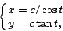 \begin{displaymath}
\cases{x=c/\cos t\cr y=c\tan t,\cr}
\end{displaymath}